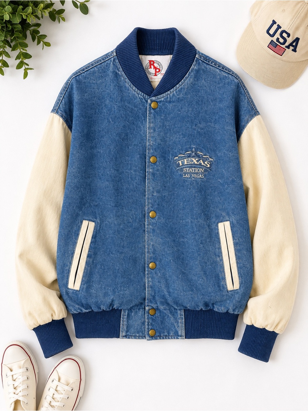 Vintage Texas Station Las Vegas Casino Denim Varsity Jacket USA Made Size M